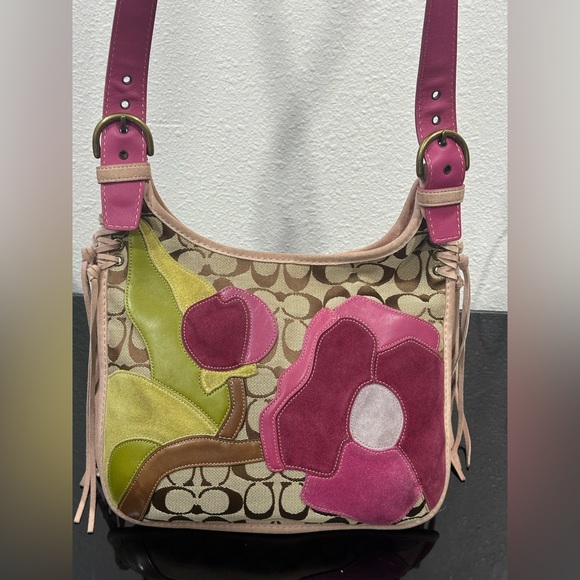 Coach‎ Rare Y2K Signature Pink Poppy For Peace Flower Crossbody Bag